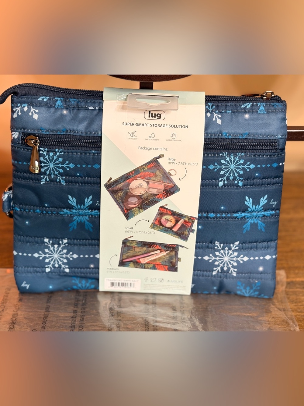 Lug Transport 3pc clear window storage bags. Snowflake Navy. NWT